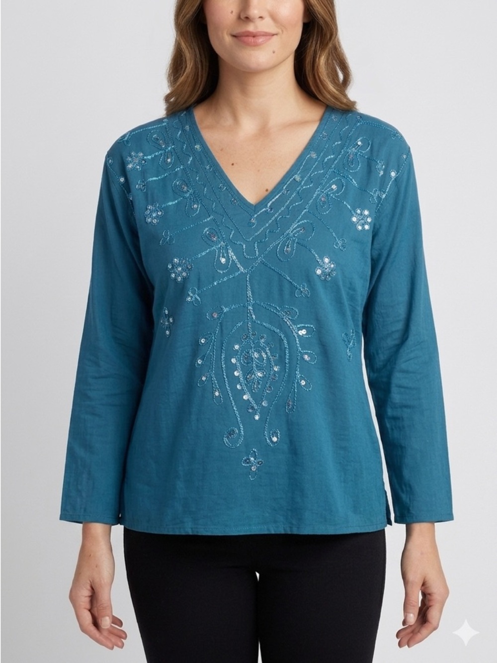 Eshe Small NWT Black Embroidered Sequin V-Neck Top Boho 3/4 Sleeve